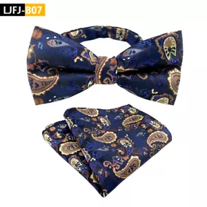 Mens Pre-Tied adjustable Bow Tie Paisley Blue Brown Bowtie Hanky Wedding Party - Picture 1 of 1