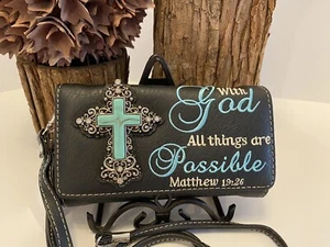 NWT Western Spiritual Cross Wings Trifold Bling Clutch/Wallet/Wristlet/Crossbody - Picture 1 of 4