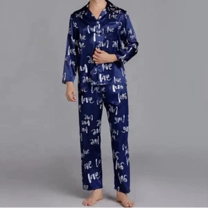 men pajamas set silk satin top pants sleepwear long sleeve nightwear - Picture 1 of 6