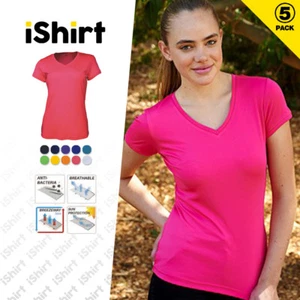 5PCXLAIDES TEE SHIRT 100% POLYESTER COOL DRY BREATHABLE V-NECK PLAIN COLOUR TEES - Picture 1 of 14