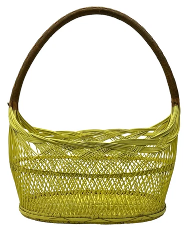Vintage Japanese Ikebana Bamboo Basket Open Weave Reinforced Handle Pale Yellow Cover