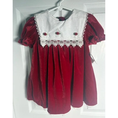 Baby Girl Red Velvet Dress with White Lace Collar Roses 24 Months - Image 1 of 4