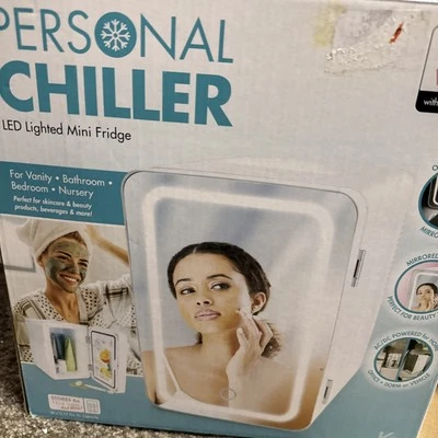 PERSONAL CHILLER LED LIGHTED MINI FRIDGE WITH MIRROR DOOR, BLUE - Image 1 of 2