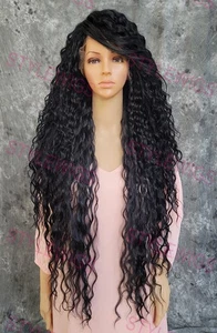 Off Black Extra Long Spiral Curls Heat OK Lace Front Echthaar Mischung Perücke EVFM - Bild 1 von 7
