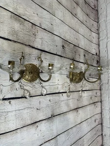 VINTAGE BRASS GOLD GLASS DROPLETS Twin Arm Wall Lights- Pair - Picture 1 of 14