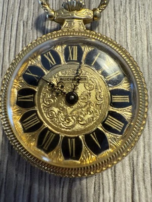 Vintage Bucherer Pocket Watch Gold-Tone Roman Numerals Ornate Dial Floral - Image 1 of 3