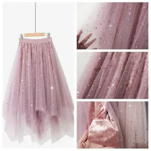 Lady Mesh Sequin Skirt Shiny Midi Velvet Lined A Line Irregular Sweet Fairy Chic - Picture 1 of 16