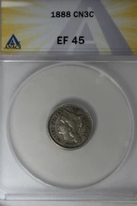 1888 .03 ANACS EF 45 Three Cent Nickel, Liberty Three Cent Piece - Picture 1 of 2