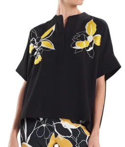 NATORI Embroidered Crepe Mandarin-Collar Shirt BLACK WITH YELLOW MEDIUM NWOT - Picture 1 of 4