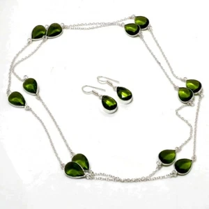 Faceted Peridot Gemstone Handmade 925 Sterling Silver Jewelry Chain+ Earring y61 - Picture 1 of 6