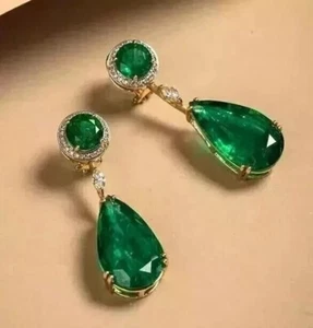 Pendiente estilo Art Deco corte pera esmeralda y diamante creado en laboratorio oro amarillo de 14K FN - Imagen 1 de 11