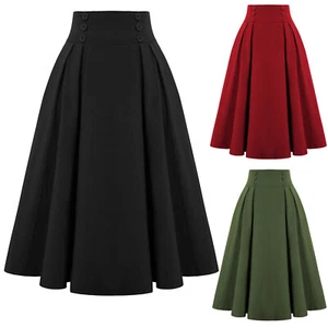 Womens Ladies High Waisted Midi Pleated Skirts Casual Solid Skirt Swing Dress M - Picture 1 of 21