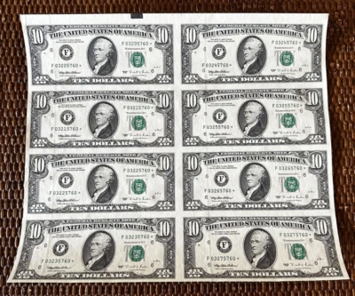 1995 $10 ATLANTA Uncut Sheet of 8 STAR ⭐️ FRNs. Crisp & UNCIRCULATED Banknotes. - Image 1 of 2