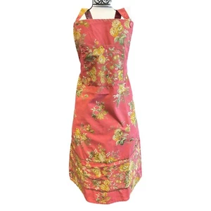Vintage April Cornell Bib Apron 2000 Floral Coral Mustard Yellow Adjustable - Picture 1 of 10