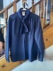 Vintage ORARE Pussy Bow Collared Womens Satin Blouse w/Tie Blue