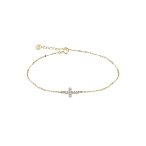 14K Massiv Gelbgold CZ seitlich Kreuz Armband Charm Rolle Kette Glied Frauen Männer - Bild 1 von 2