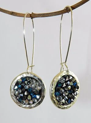 Long Dangle Earring Silver Sterling 925 Plated Set w Sparkly Crystal Rock Stones - Image 1 of 4