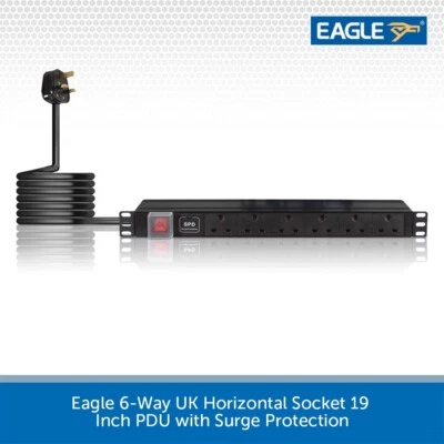 1U 6 Way PDU SURGE PROTECTED 19" Inch Horizontal Mount 13A Switched UK Sockets - Image 1 of 4