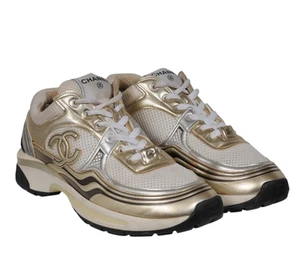 Chanel Women CC logo Sneakers EU 39 US 9 Metallic Gold White Calfskin Leather - Picture 1 of 18