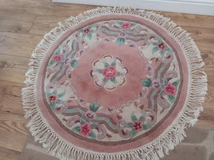 Vintage Rug Thick Wool Chinese Style Floral Pink 36" Diameter plus Fringe - Picture 1 of 5