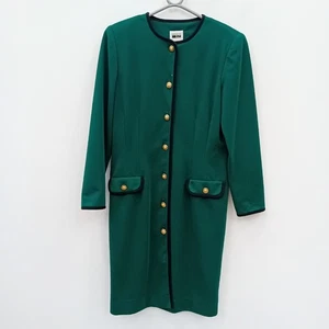Leslie Fay Button Front Dress UK10 Green Black Trim 70s Vintage Style FLT-FPL26 - Picture 1 of 6