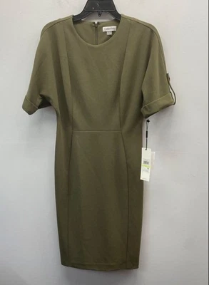 Calvin Klein Women's Olive Green Roll Tab Sleeve Sheath Dress Size 4 NWT - Image 1 of 4