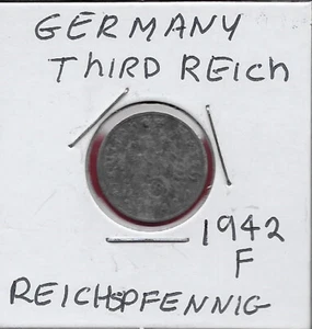 GERMANY THIRD REICH 1 REICHSPFENNIG 1942-F SWASTIKA BELOW THE EAGLE,DATE BELOW,e - Picture 1 of 2