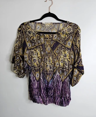 Blusa tipo pulóver abstracta multicolor Gibson 100 % seda fluida boho para mujer XS Foto 1 de 4