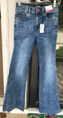 Express 2S 2 Short High Rise Slim Flare Blue Jeans Raw Hems Hyper Stretch New A1 - Image 1 of 4