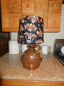 Antique Stoneware Jug Lamp/Country Cabin/Eagle Flag Shade/Folk Art (17" Tall) - Picture 1 of 5