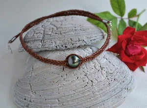Tahitian Pearl Braided Leather Necklace Elegant Pearl Jewelry UNISEX Necklace - Picture 1 of 7