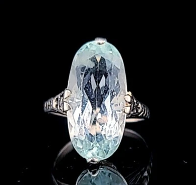 Vintage Filigree 14k White Gold Ring 9.28ct. Natural Aquamarine Oval Shape - Image 1 of 4