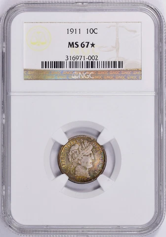 1911 10c NGC MS 67 STAR ~ LOW POP HIGH GRADE BARBER DIME Cover