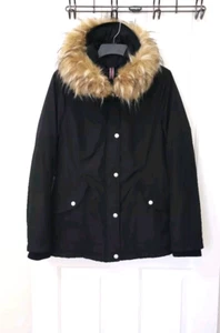 Jessica Simpson Zip Parka Coat Jacket Medium Black Lined FAUX Fur Hood Insulated - Picture 1 of 14