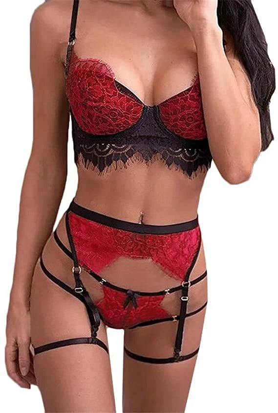 Reizwäsche Unterwäsche Sexy Dessous Set mit Spitze BH String Strumpfband 2XL - Bild 1 von 1
