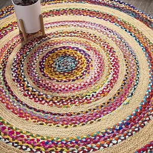 Round Jute And Cotton Mix Rug Handmade and Hand braided Jute Carpet-Multicolor - Picture 1 of 4