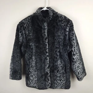 Monterey Fashions Coat Womens Small Gray Black Animal Print Faux Fur Button Up - Picture 1 of 12