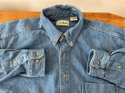 Vintage LL Bean Washed Indigo Denim Button Up Work Shirt Cotton Men’s Sz L T - Image 1 of 4