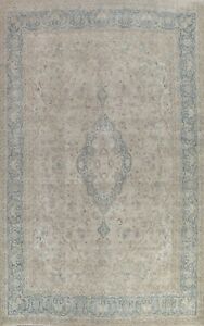Antique Muted Kirman Distressed Hand-knotted Evenly Low Pile Wool Area Rug 9x14