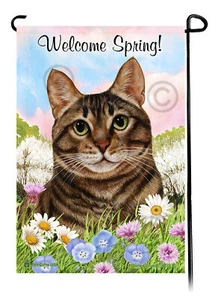 Bandera de jardín Welcome Spring - Gato atigrado marrón - Imagen 1 de 1