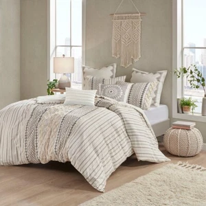 Set 3 pezzi piumone 100% cotone trapuntato ciniglia righe azteche polveroso blush avorio - Foto 1 di 24
