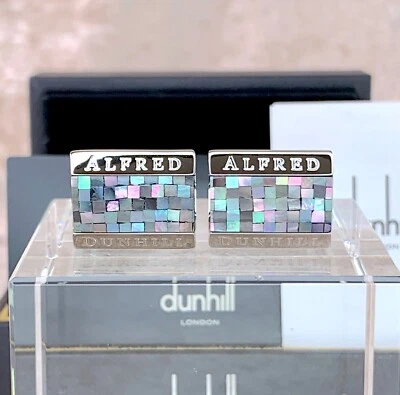 Gemelos Alfred Dunhill raros mosaico ópalo y plata con estuche y tarjeta Foto 1 de 4