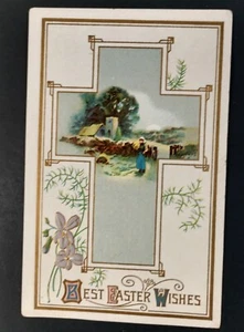 c1914 Easter Post Card Cross Church Country Violets Girl Embossed - Picture 1 of 2