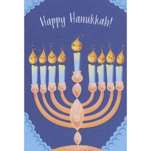 Light Orange Menorah Blue Candles Smiley Face Flames 8 Hanukkah Cards for Kids - Picture 1 of 2