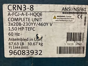 Grundfos 96083932 CRN3-8 A-FGJ-A-E-HQQE 1.5Hp TEFC 3x208-230/460V 60Hz - Picture 1 of 2