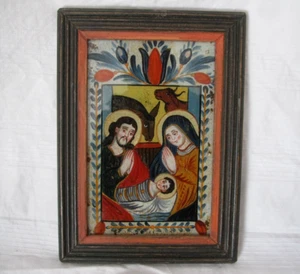 Antikes Hinterglasbild Hinterglasmalerei Heilige Familie Geburt Christi Krippe - Bild 1 von 2