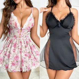 Women Sexy Nightgown Deep V-Neck Lingerie Mini Dress Babydoll Chemise Sleepwear - Picture 1 of 16
