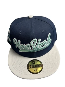 New York Yankees Hat New Era 59Fifty Blue Gray Teal Scripted Cap Size 7 5/8 - Picture 1 of 2