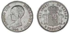 5 Silver Pesetas / Silver. Pelón. Duro. Madrid. Alfonso XIII. 1892*. VF+/VF - Picture 1 of 1