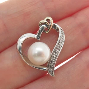 ALWAND VAHAN 14K Gold Sterling Silver Real Diamond & Pearl Heart Mini Pendant - Picture 1 of 6